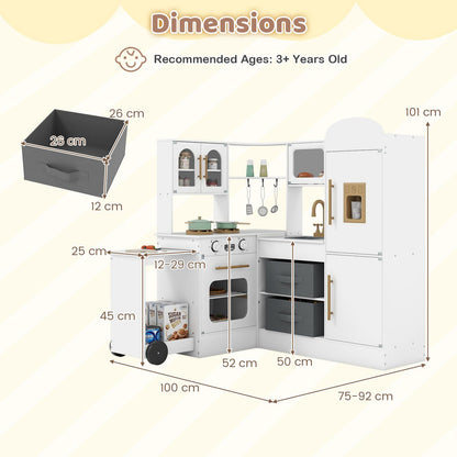 Corner Kitchen Playset Kids Pretend Play Kitchen with Pull-out Cart Fabric Bins
