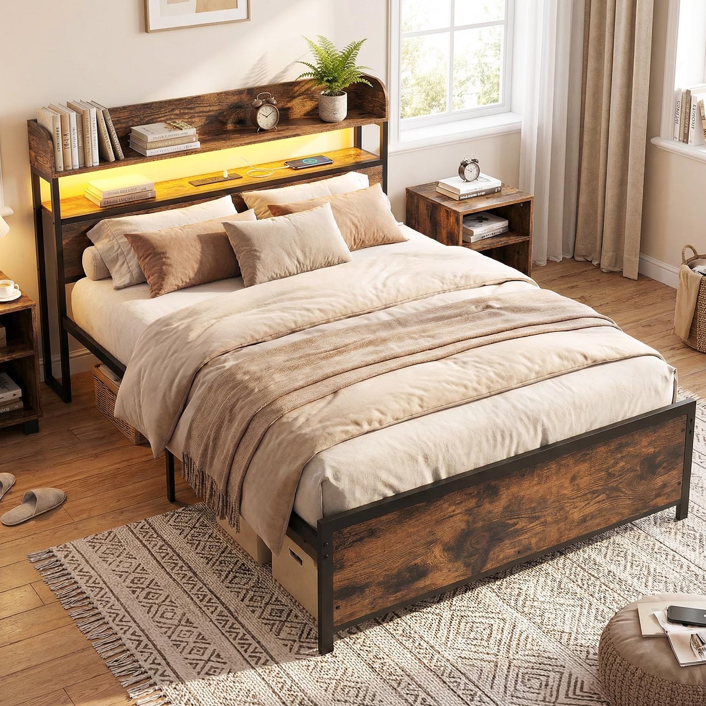 5FT King Size Bed Frame with RGB LED Lights, Charging Station