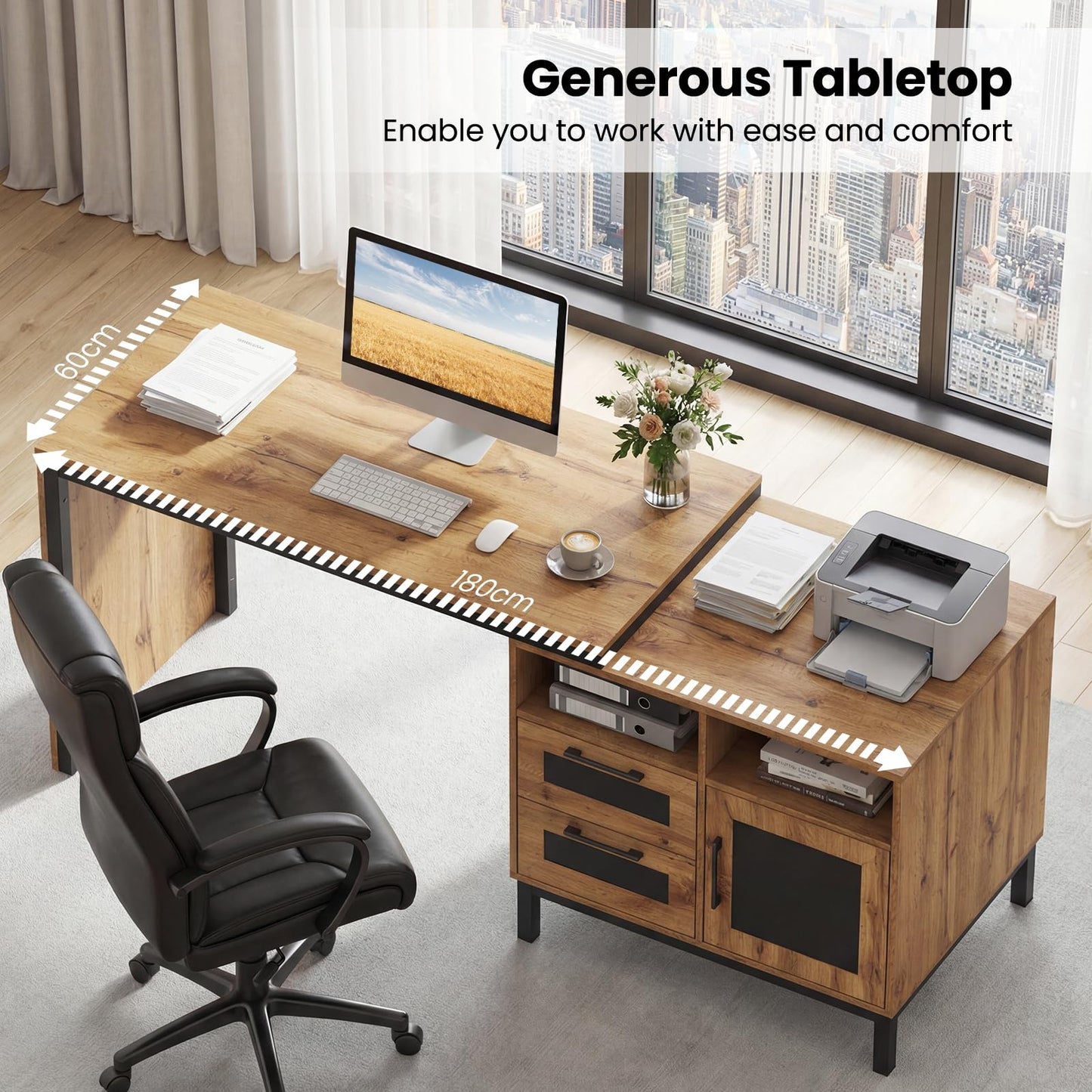 180cm Large Computer Desk, Wooden Executive Desk Writing Workstation
