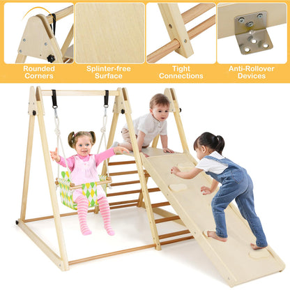 Kids Climbing Frame, Wooden Children Climber Playset with Swing, Ladder