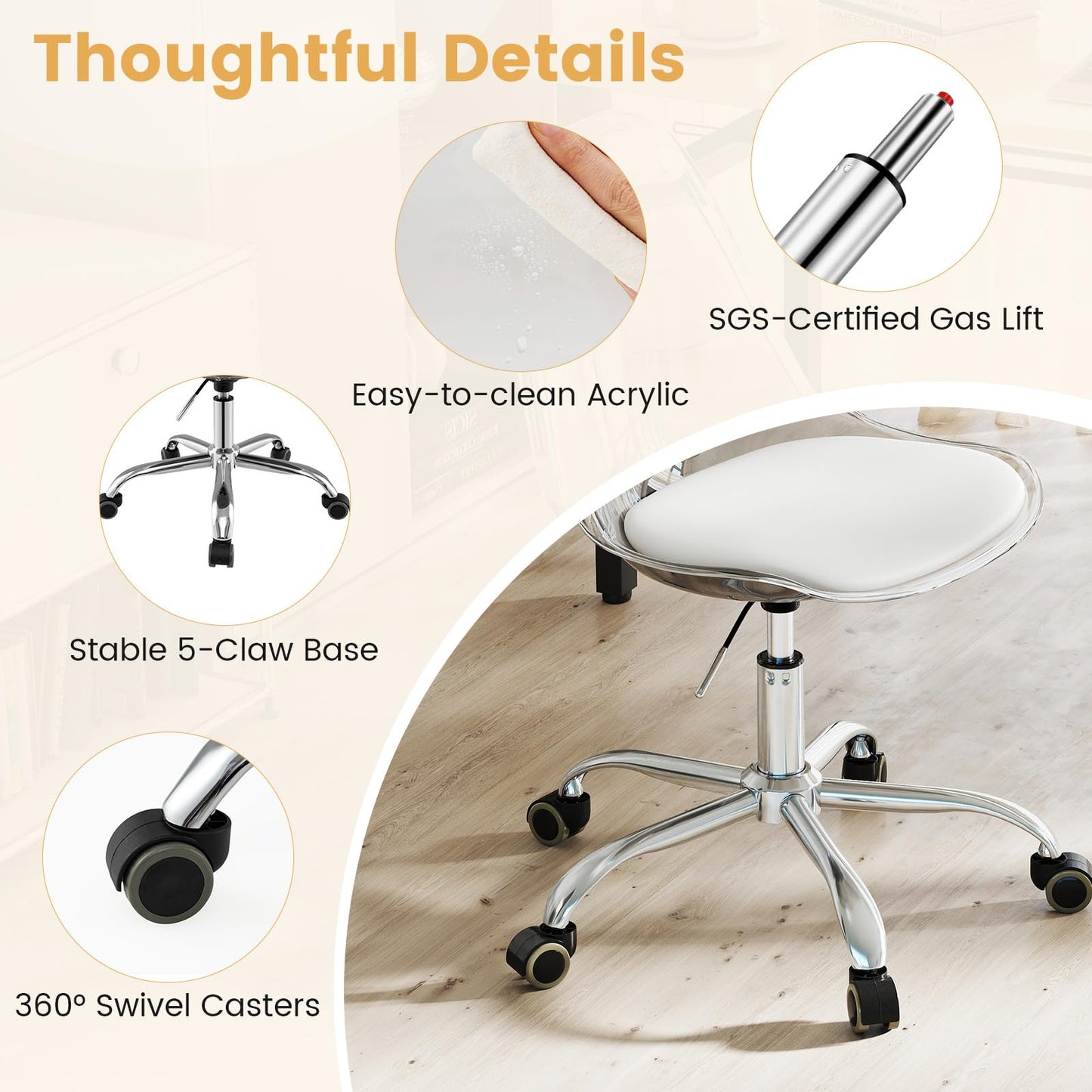 Clear Desk Chair Armless Rolling Acrylic Office Chair with Swivel Seat and PU Leather Cushion