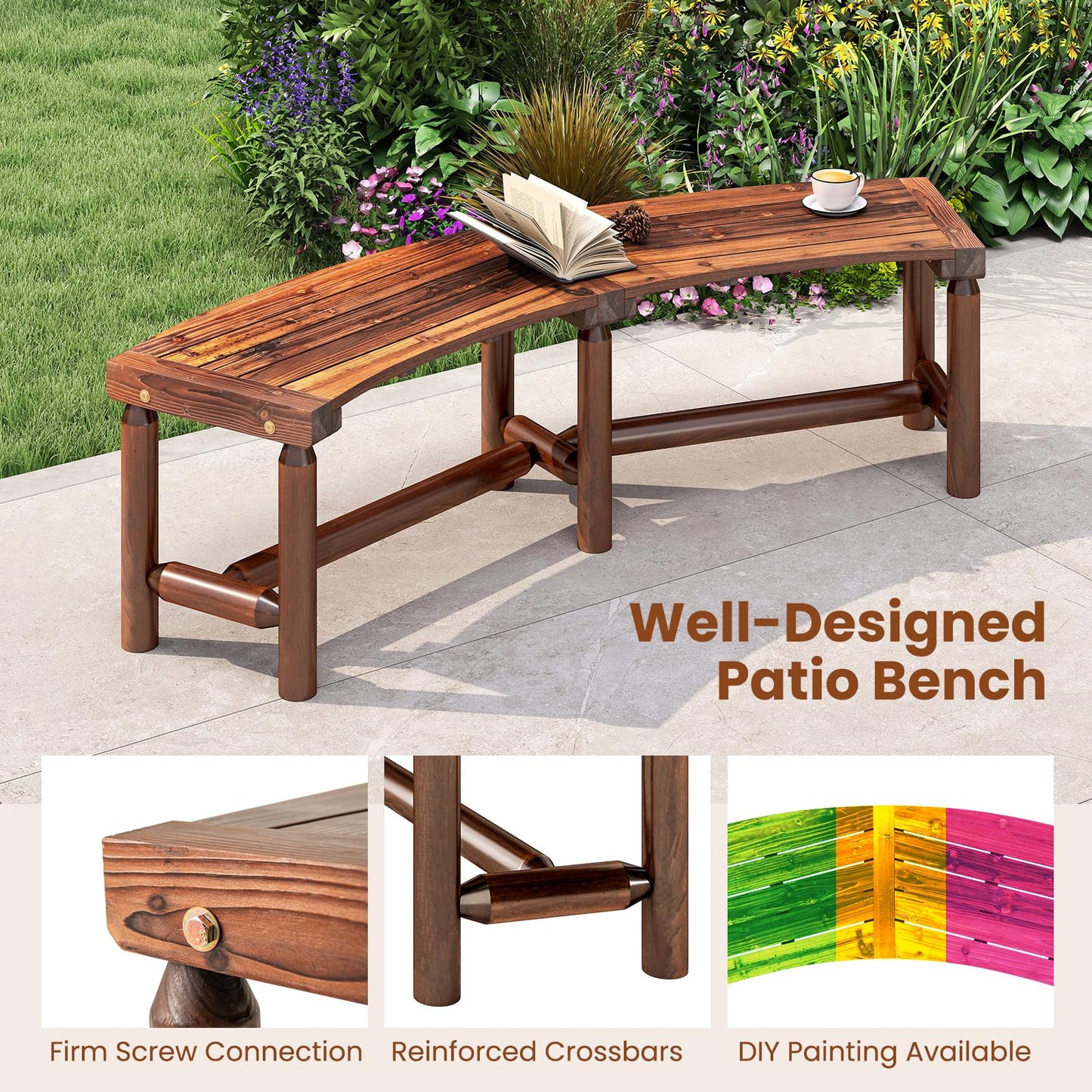 2-3 People Garden Bench, Wooden Curved Fire Pit Bench, Outdoor Loveseat Leisure Porch Seating
