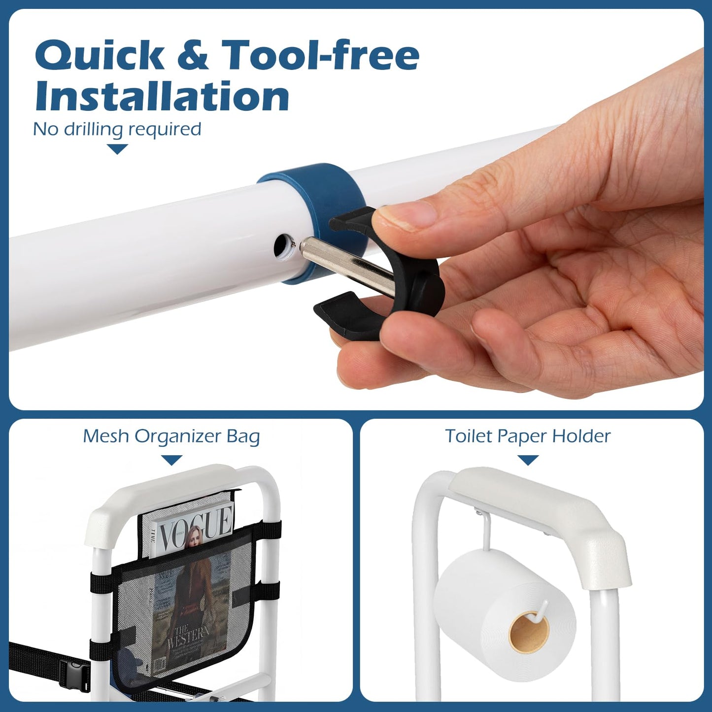 Adjustable Height and Width Toilet Safety Rails with Non-Slip Grip and Suction Legs