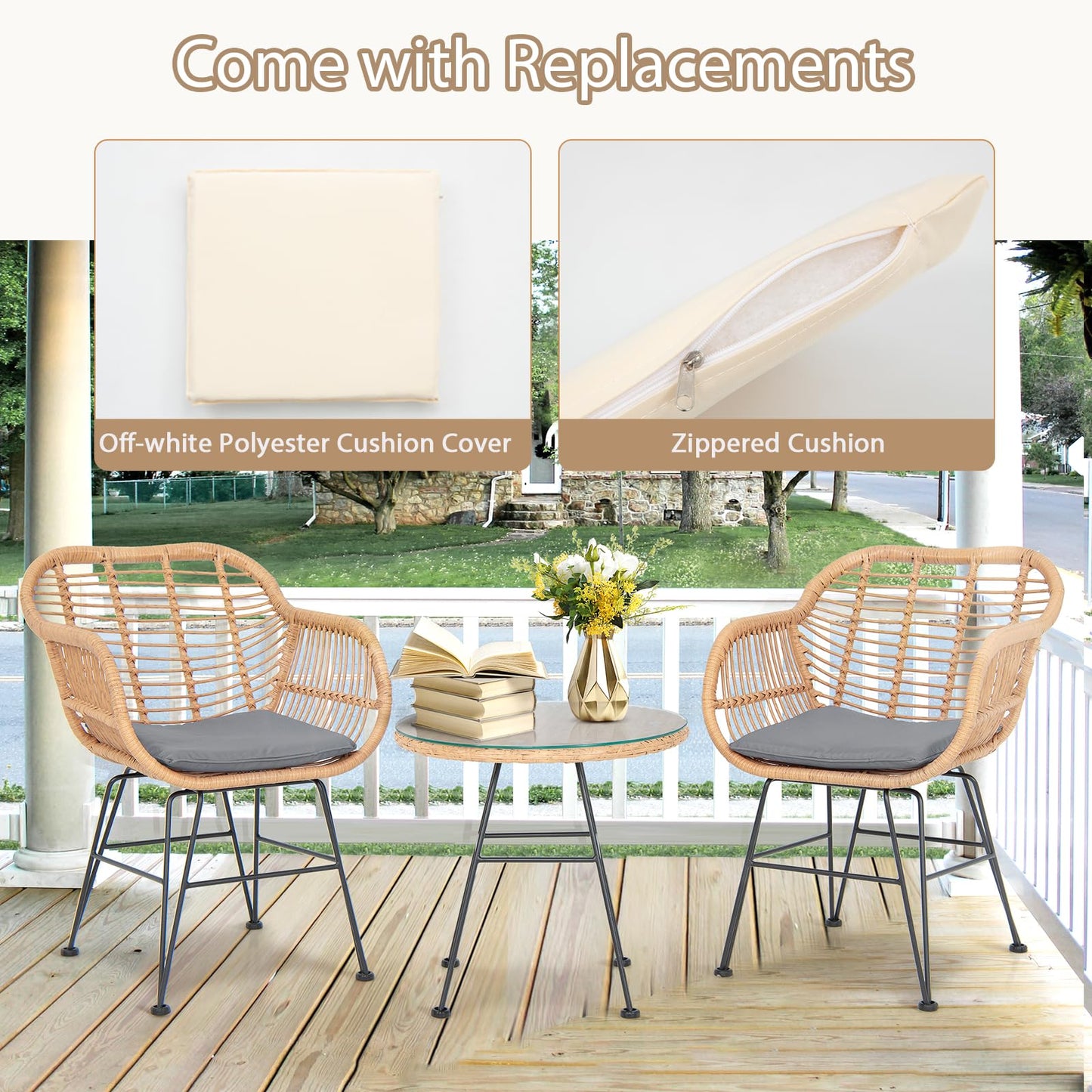String Patio Bistro Set with Tempered Glass Table and 2 Chairs