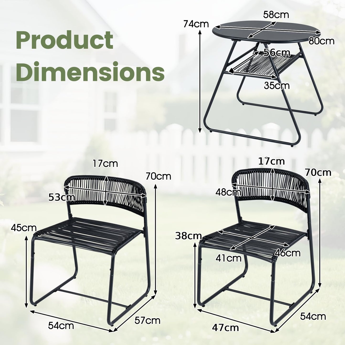 3 Piece Patio Bistro Set, Outdoor Dining Table with 2 Varied-Size Stackable Rattan Chairs & Shelf