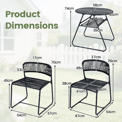 3 Piece Patio Bistro Set, Outdoor Dining Table with 2 Varied-Size Stackable Rattan Chairs & Shelf
