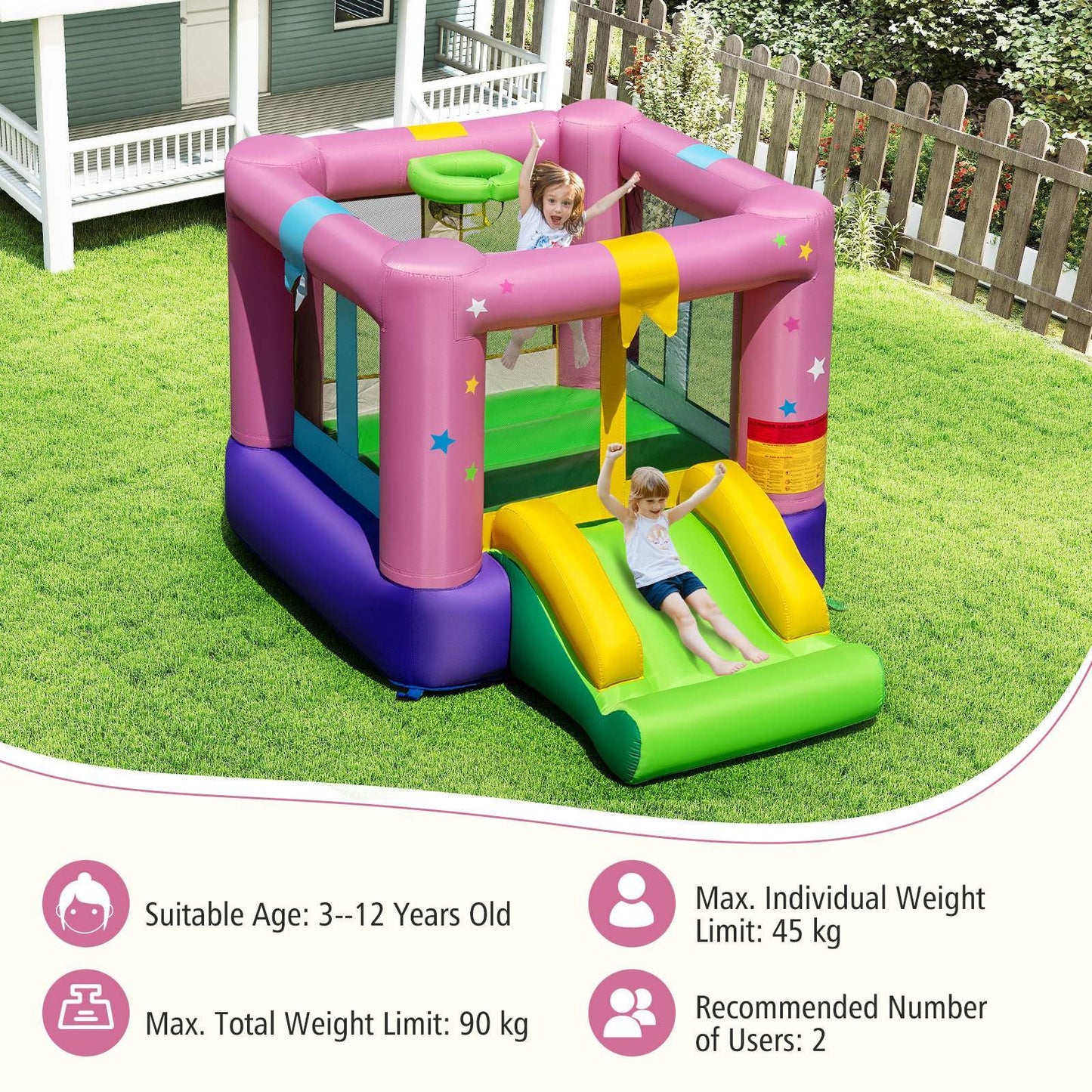 Inflatable Bounce House with Slide and Basketball Rim Without Blower
