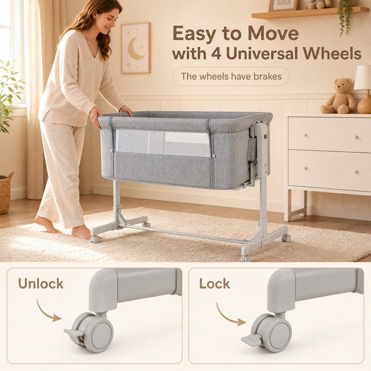 3-in-1 Baby Crib Height-Adjustable Bedside Crib with Castors