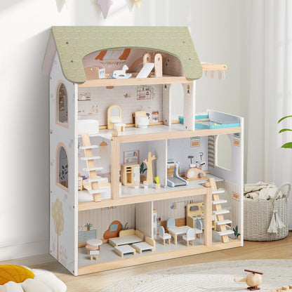 Wooden Dollhouse with 33 PCS Furniture Accessories for Girls and Boys