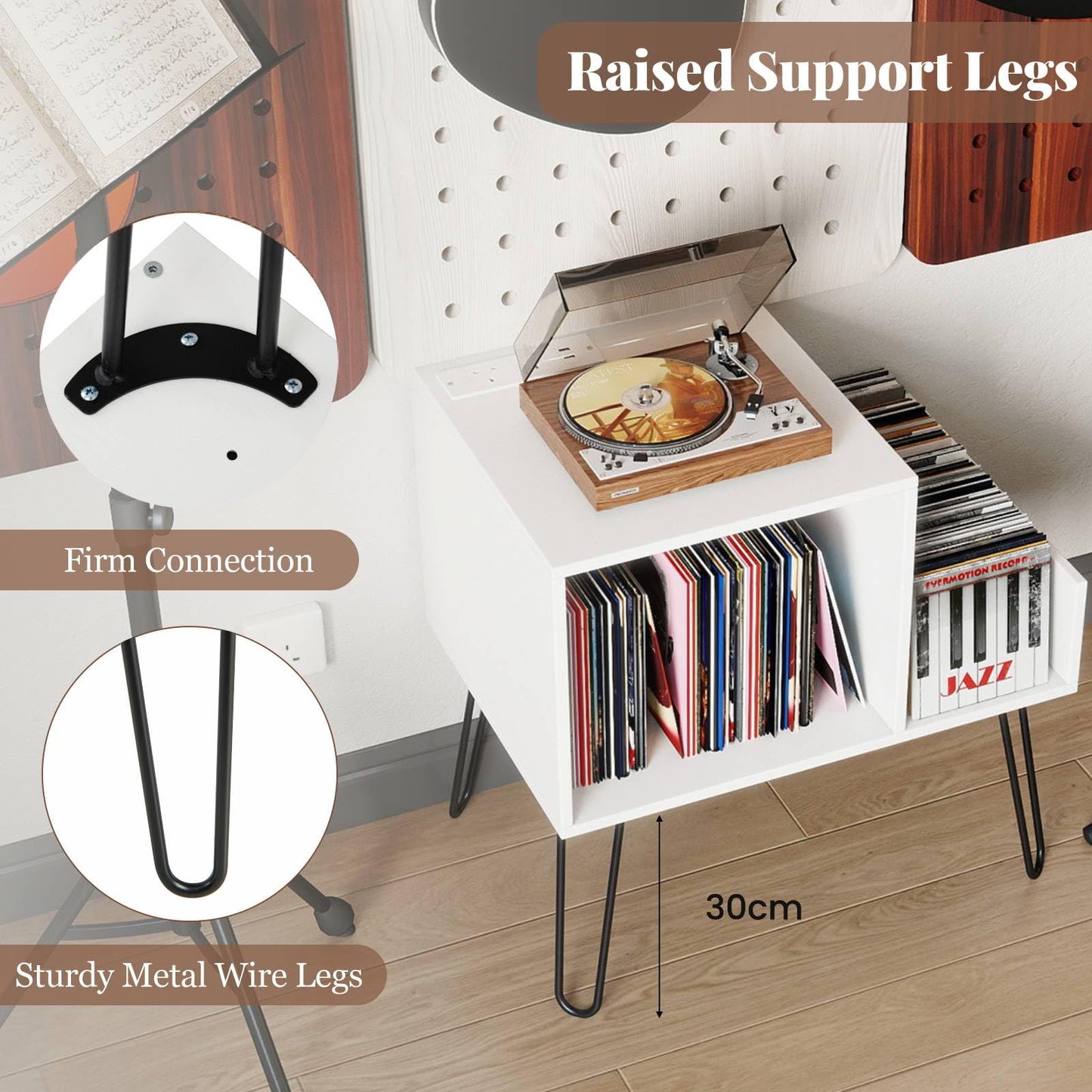 Record Player Stand with Power Outlet and Removable Dividers