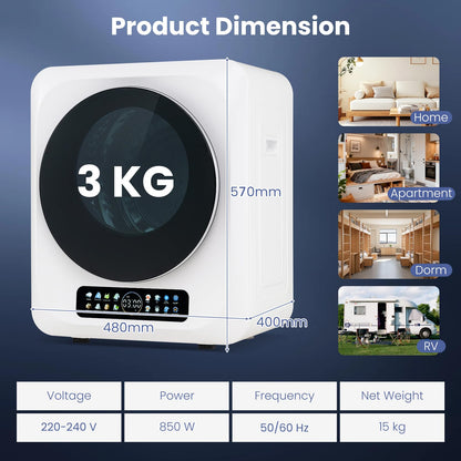 3KG Vented Tumble Dryer, Compact Smart Sensor Dryer with 8 Modes