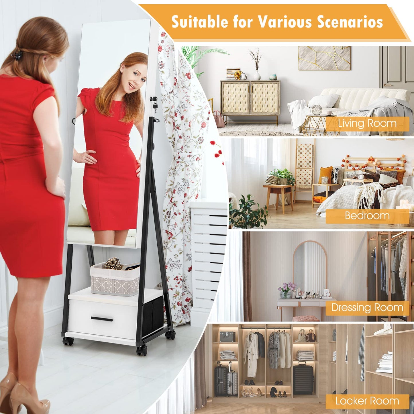 Mobile Standing Lockable Jewelry Cabinet with Full Length Mirror