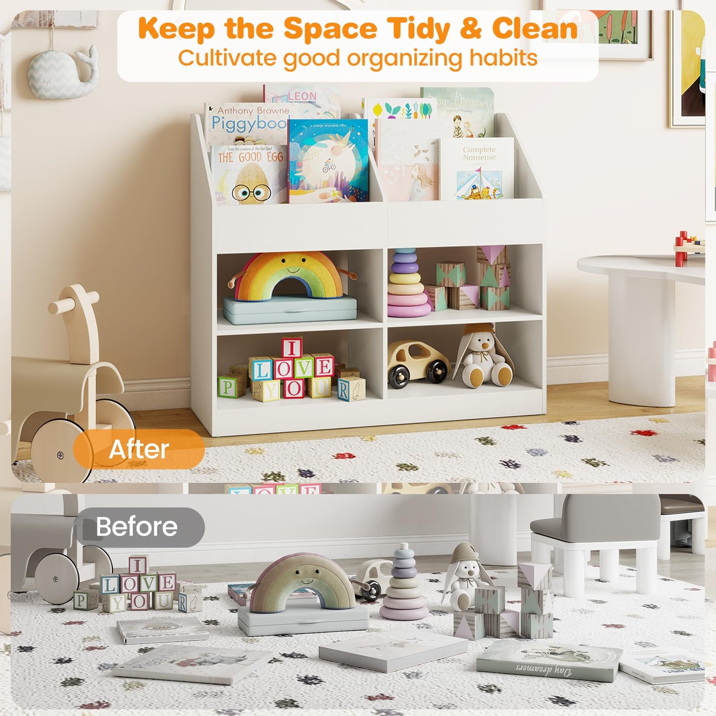 Kids Bookshelf, Wooden Toddler Toy Organizer