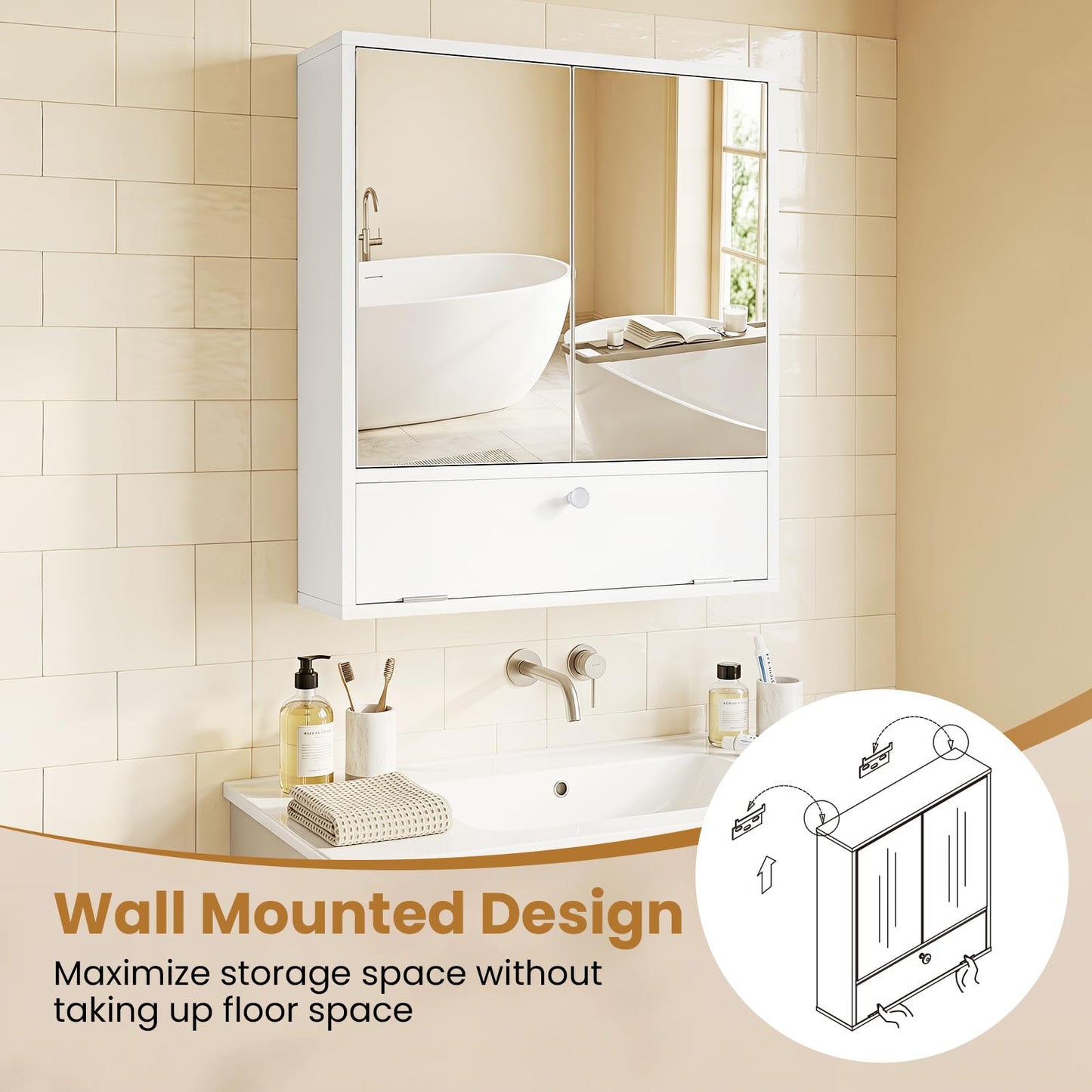 Bathroom Mirror Cabinet, Wall Mounted Storage Cupboard