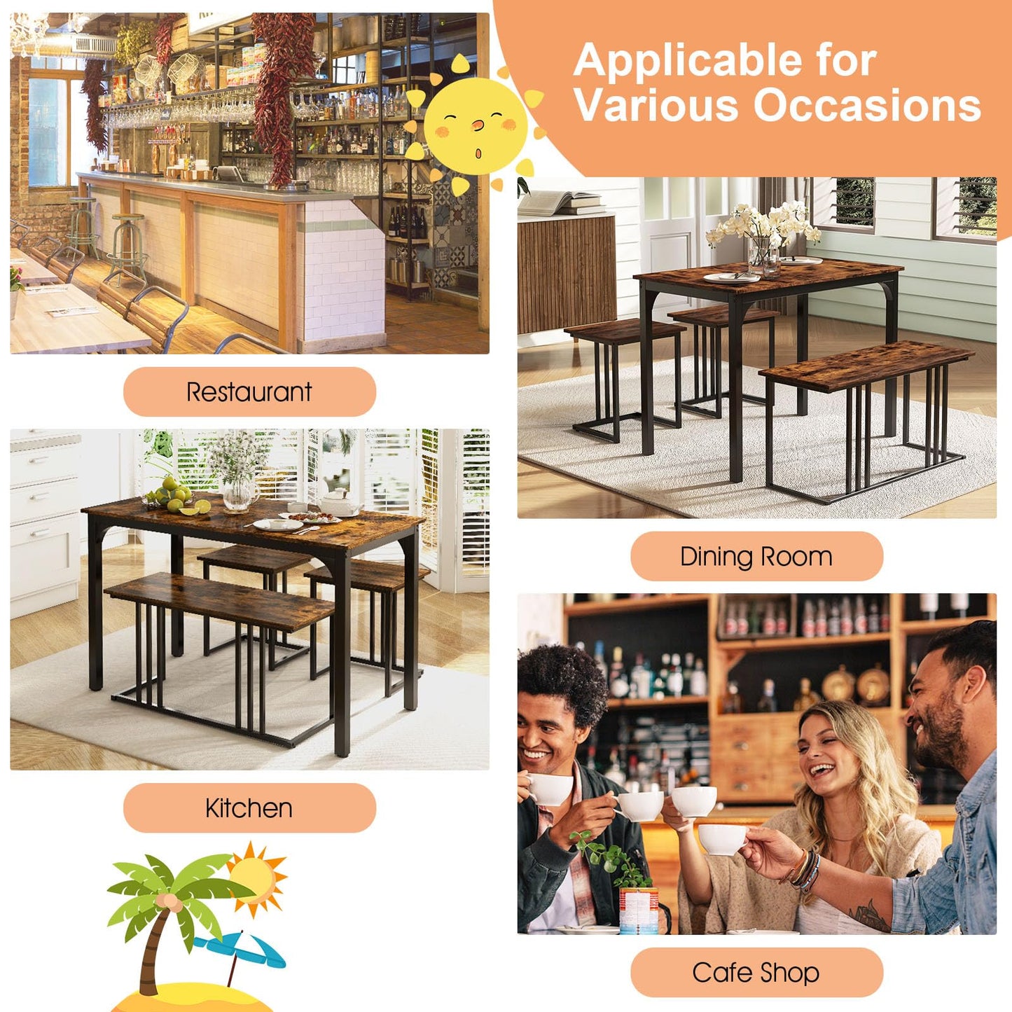 Metal Frame Dining Table and 2 Stool Set with 1 Bench