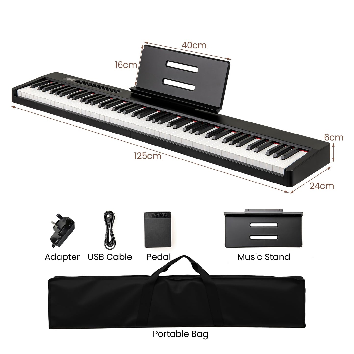88 Keys Velocity-Sensitive Piano Keyboard with Music Stand and Carry Bag