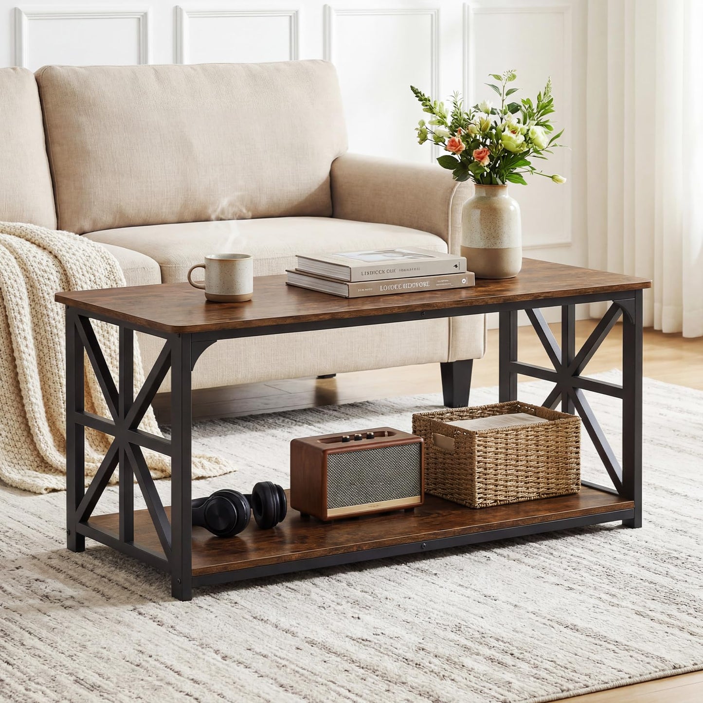 Coffee Table Industrial Farmhouse Accent Table with Open Storage Shelf
