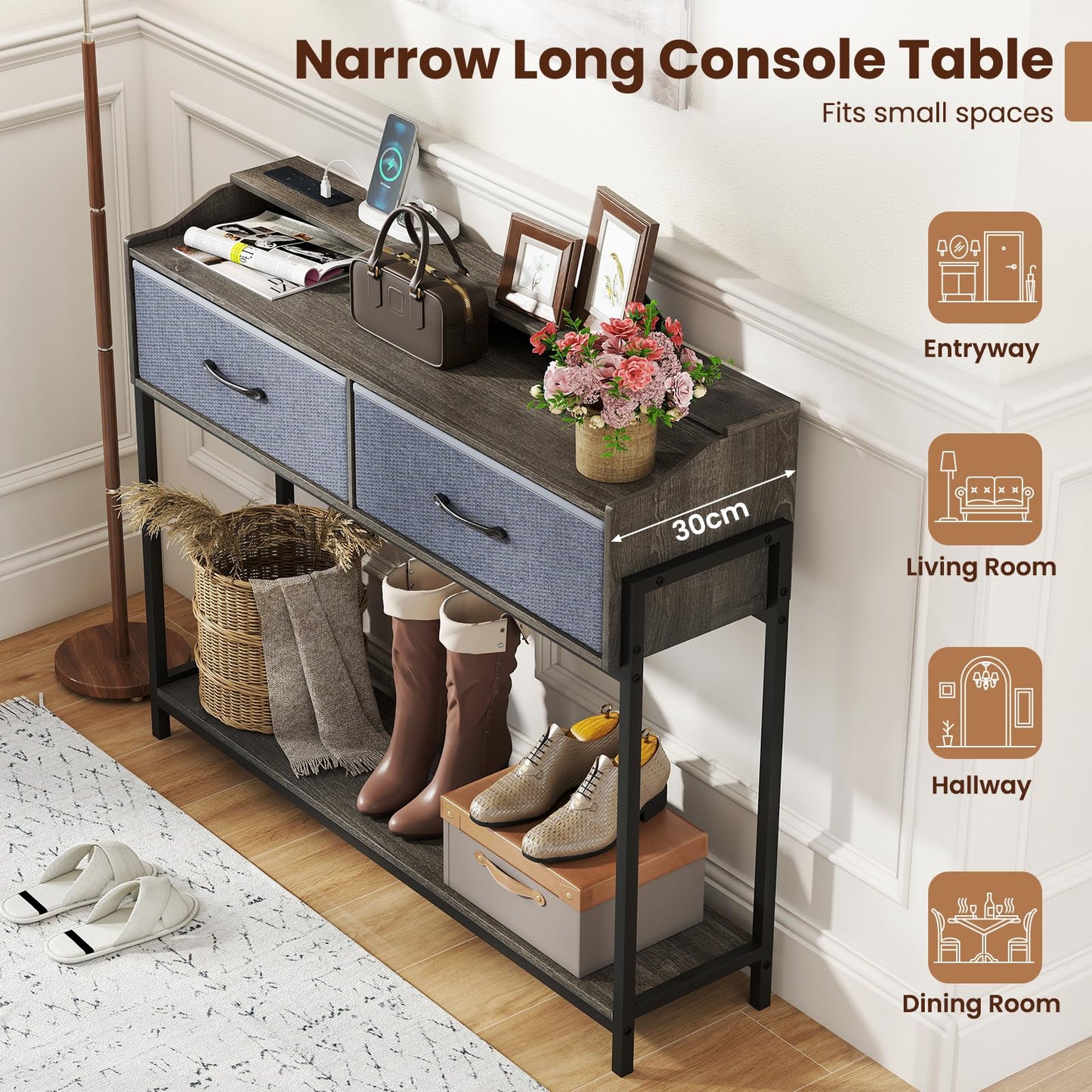 Console Table with Charging Station 110cm Entryway Table with 2 Drawers