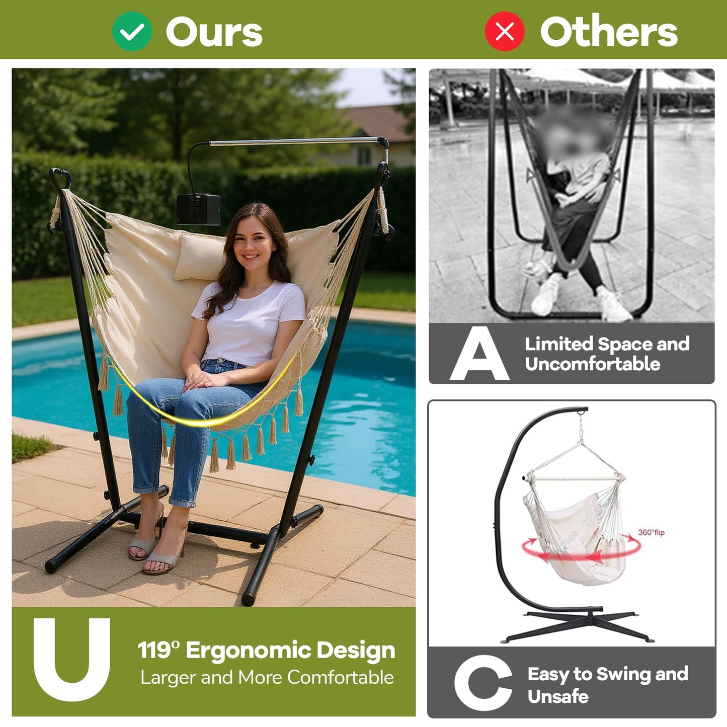 Hammock Chair with Stand and Phone Holder, 6-Level Height Adjustable Patio Swing Hammock