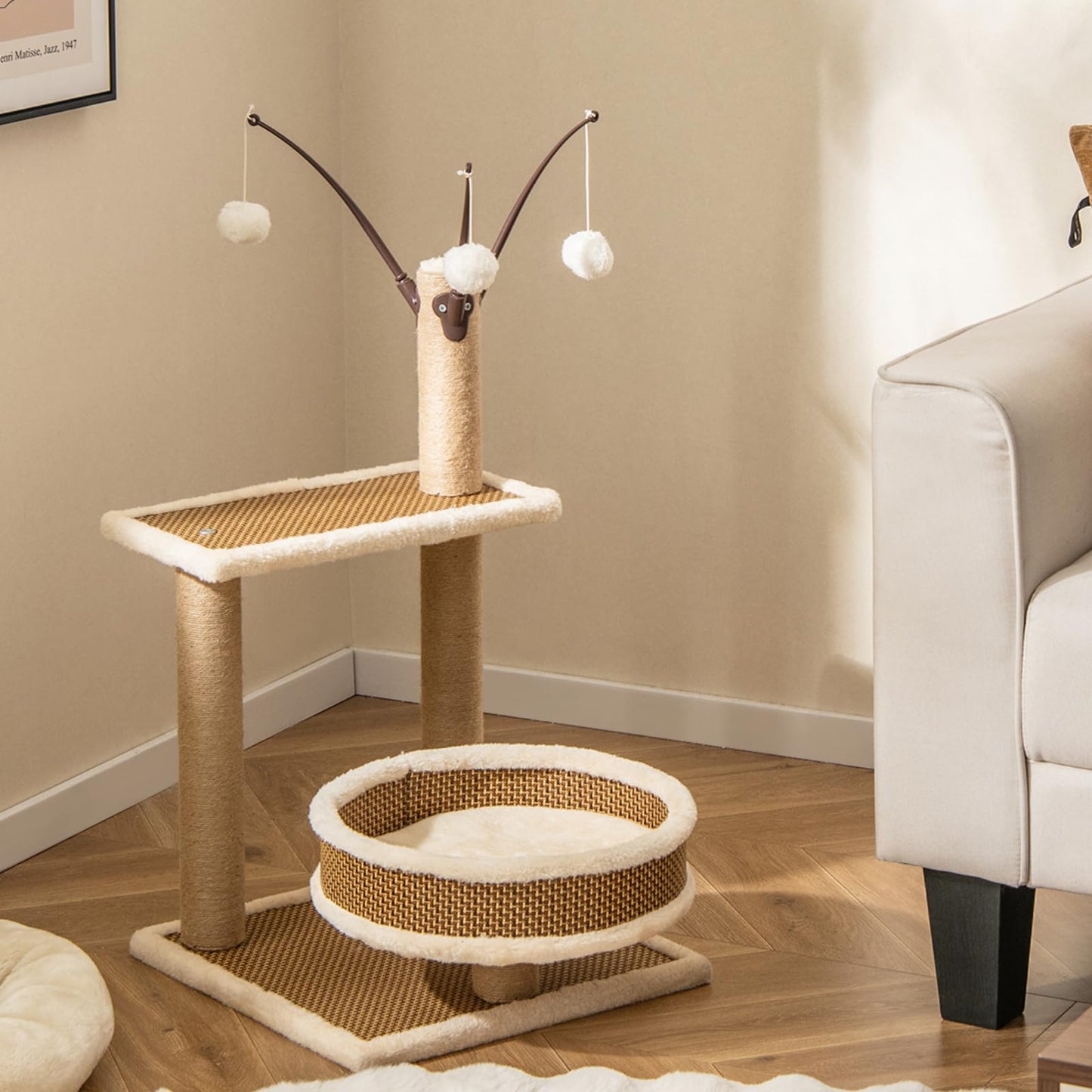 Modern Cat Tower with Rattan Mat and 3 Hanging Ball Toys