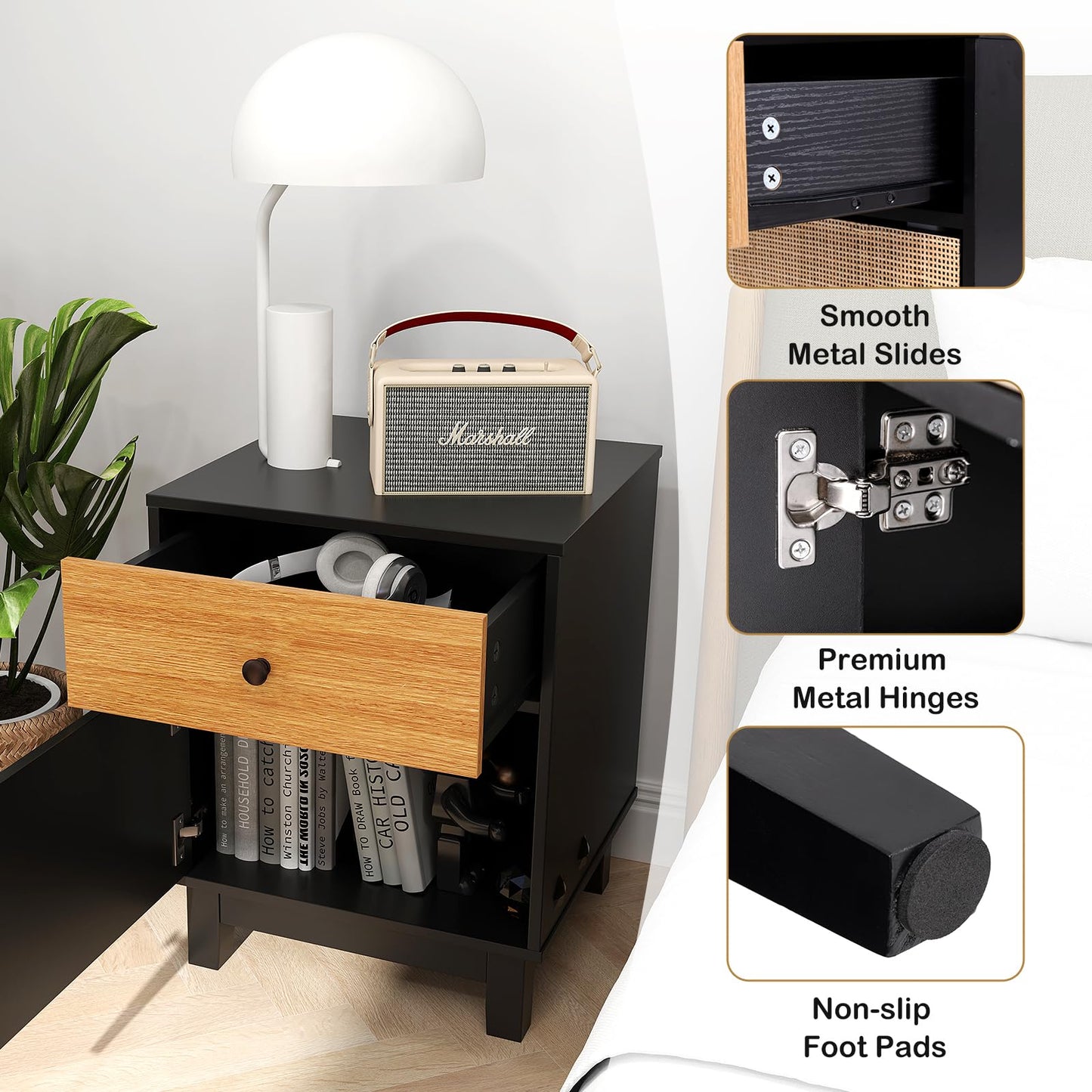 Modern Rattan Nightstand with Storage Drawer and Cabinet