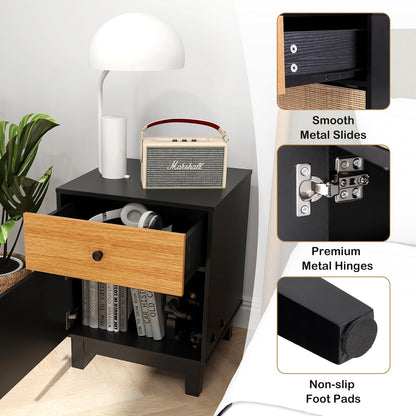 Modern Rattan Nightstand with Storage Drawer and Cabinet