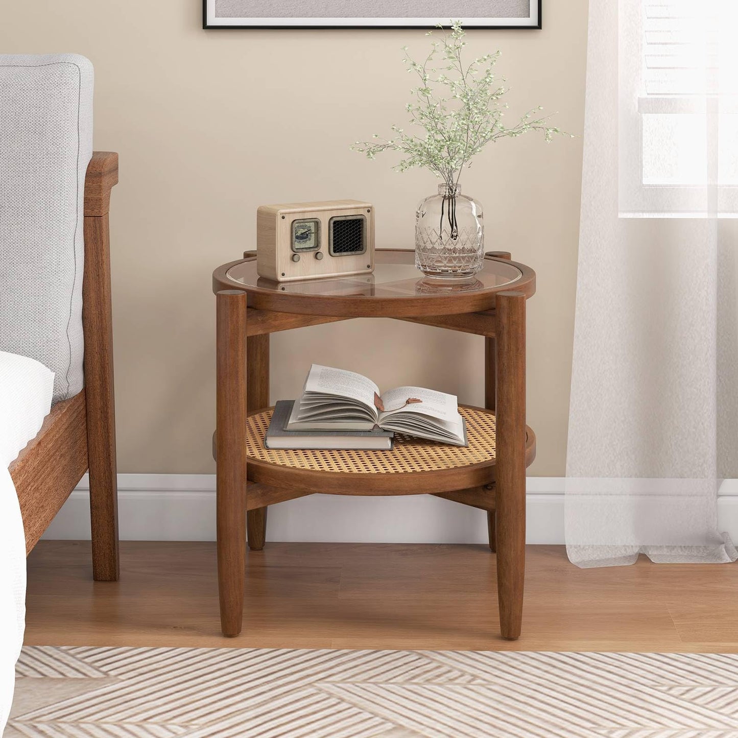 2-Tier PE Rattan Round Side End Table with Tempered Glass Tabletop