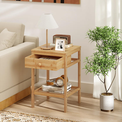 Bamboo Nightstand Sofa Side End Table with Drawer and Open Storage Shelf