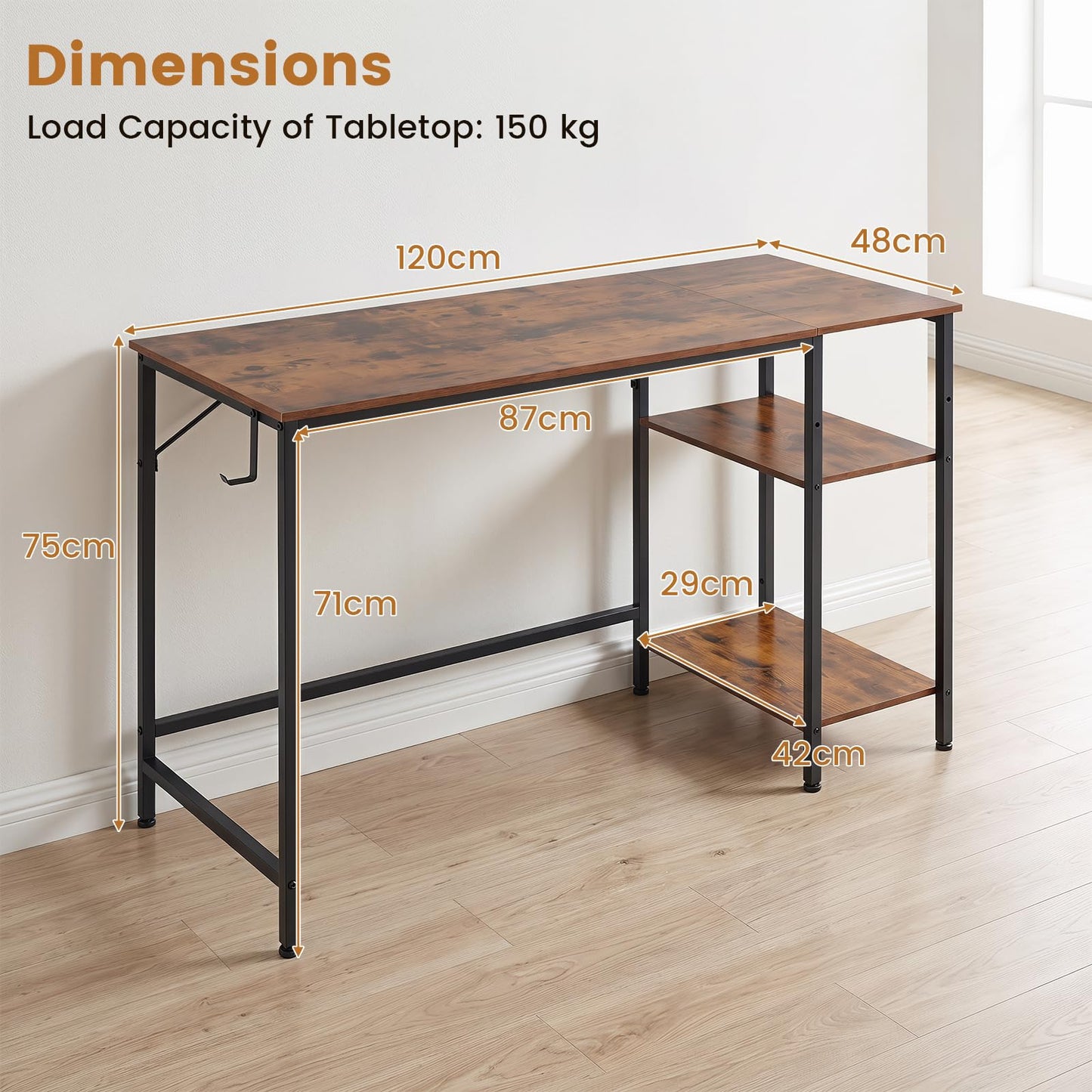 120 cm Reversible Home Office Desk with Headphone Hook and Shelves