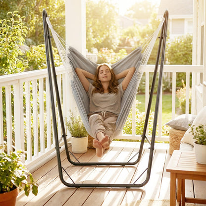 Hammock Chair with Stand, Heavy Duty Metal Frame Swing Chair with Side Pocket