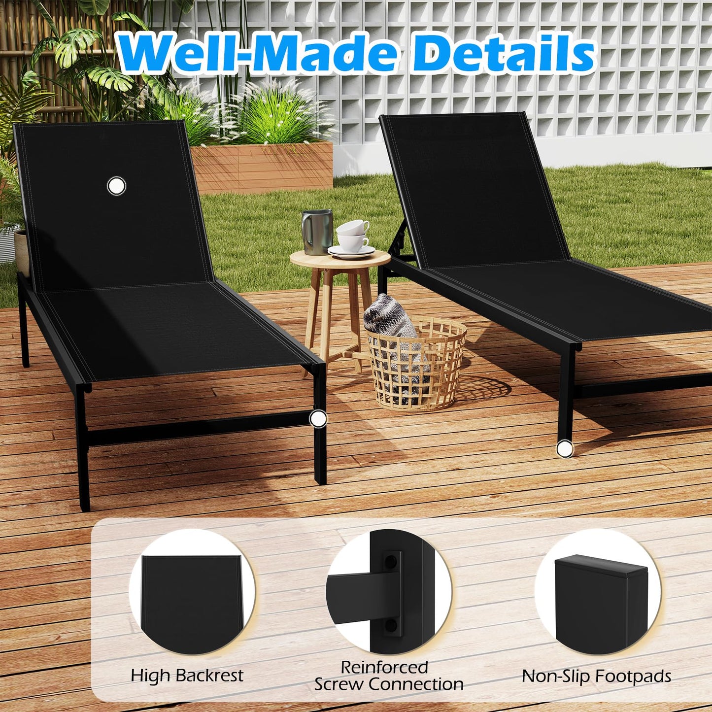 6-Level Adjustable Patio Chaise Lounge Recliner Flat Deck Sunbed