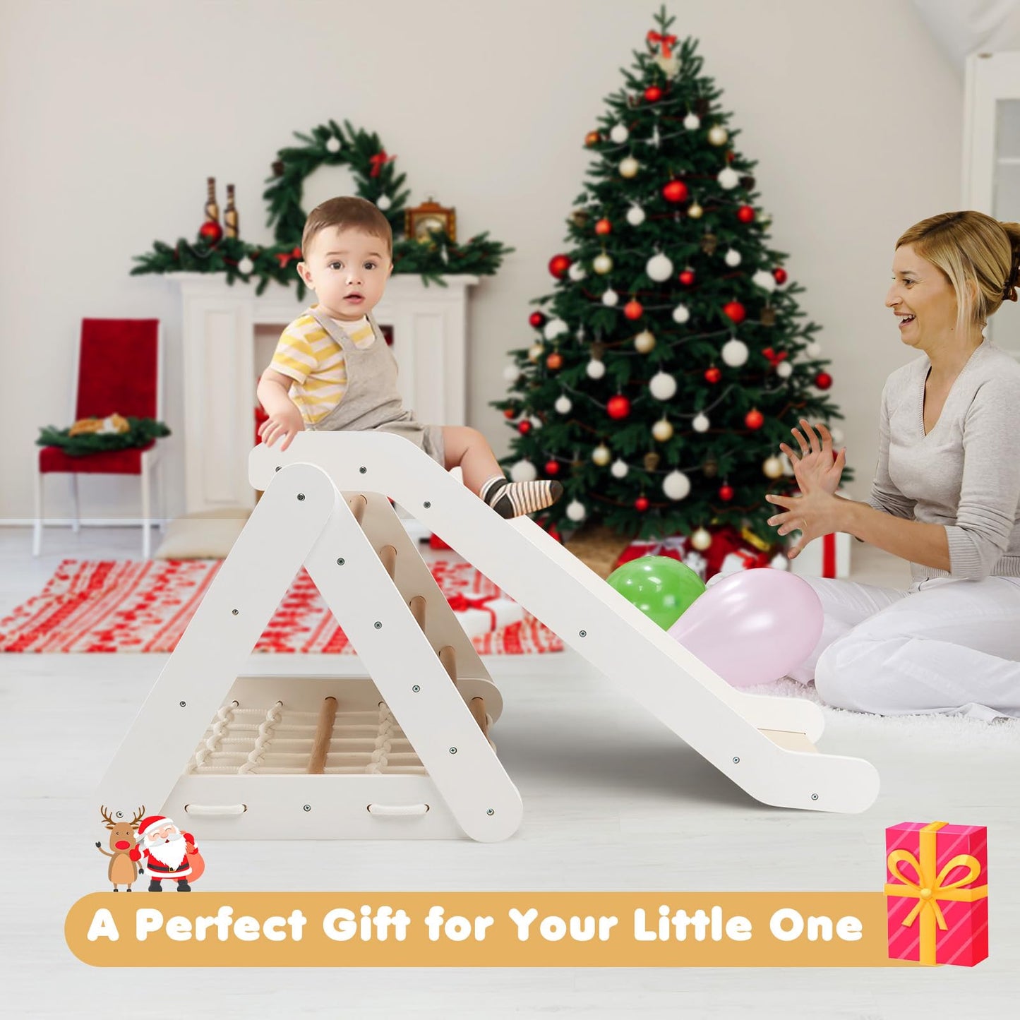 4 in 1 Wooden Triangle Climbing Set with Ramp Sliding Board