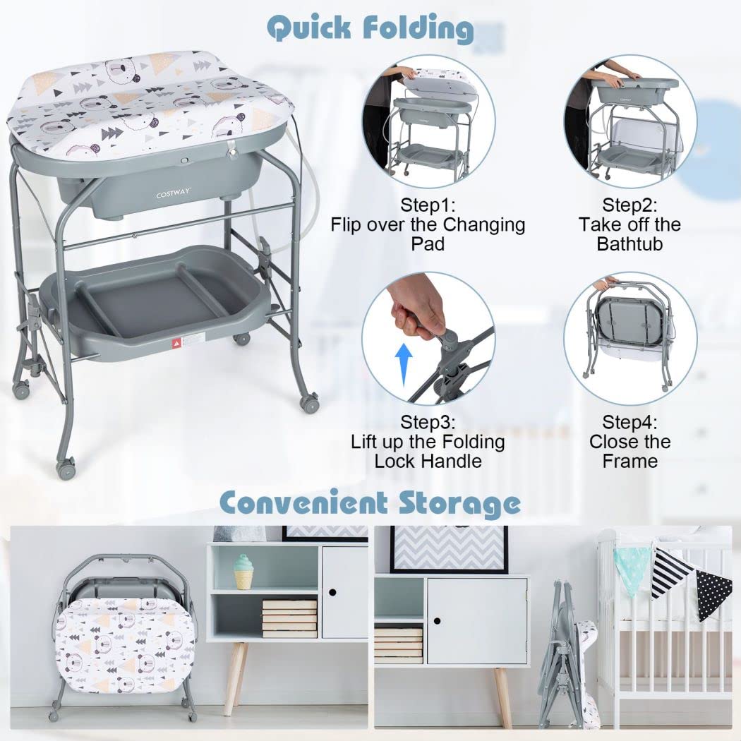 4 in 1 Baby Changing Table Folding Infant Nursery Station with Bath Tub