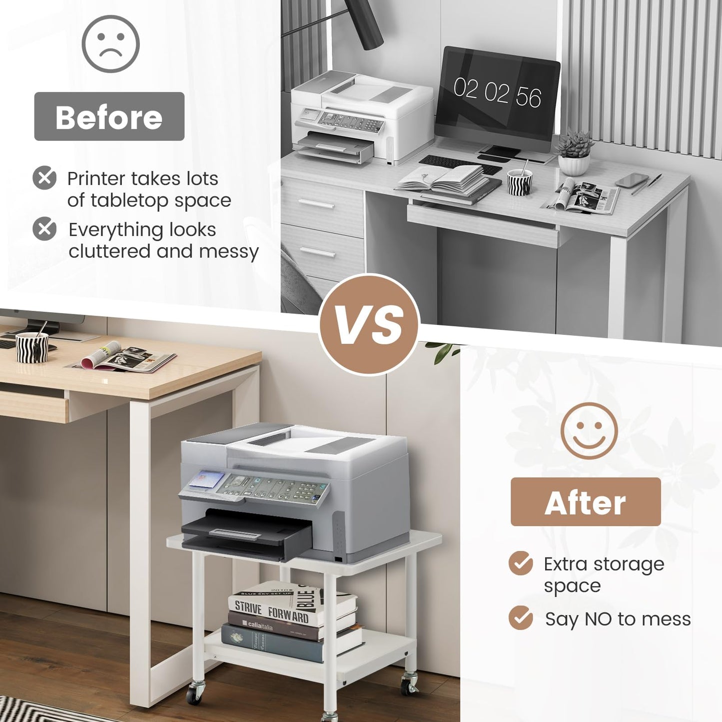 2 Tier Wooden Printer Stand with 360° Swivel Casters