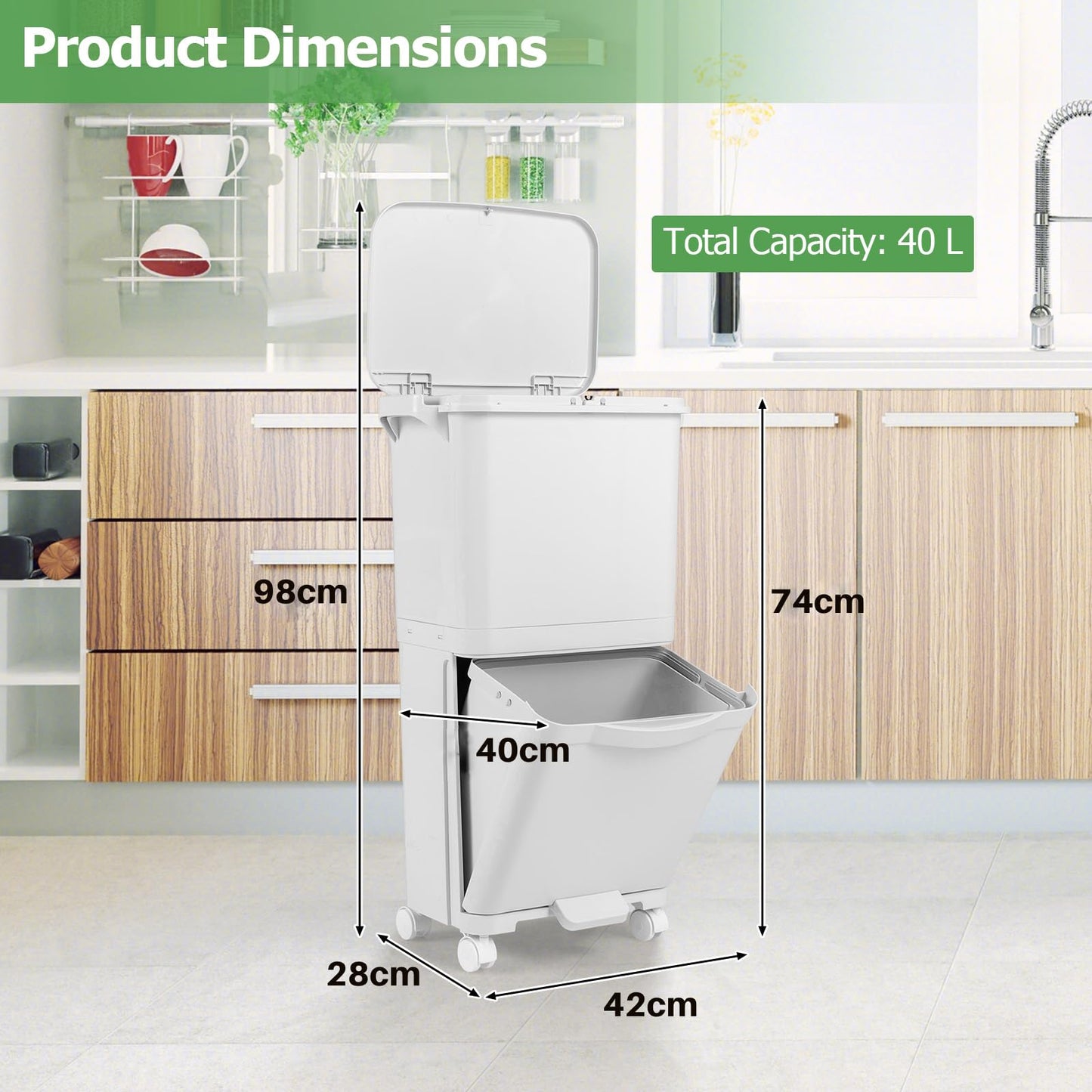 Giantex Recycling Bins 40L Pedal Kitchen Bin with 3 Compartments Lockable Wheels