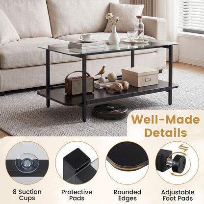 2-Tier Coffee Table, Tempered Glass Center Table with Storage Shelf