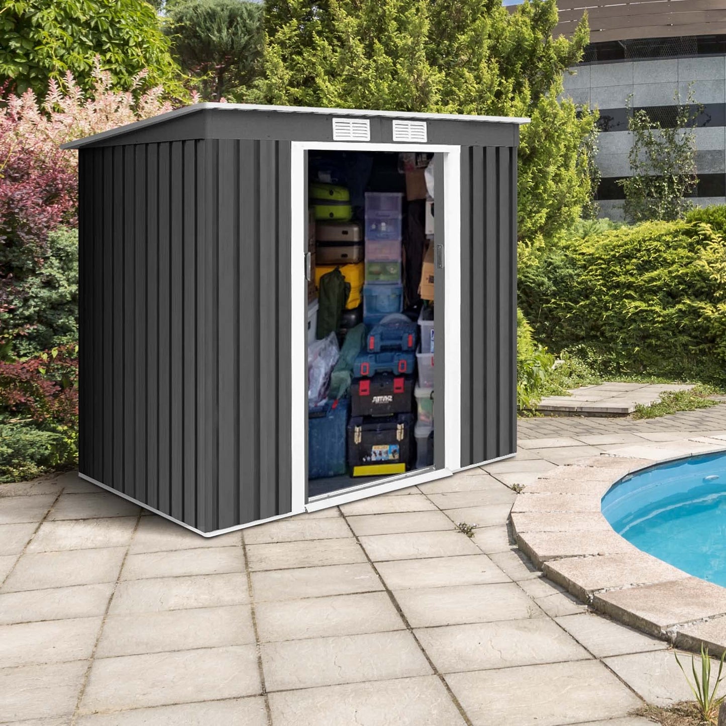 GiantexUK 7x4FT Metal Garden Shed, Outdoor Galvanized Storage House (7x4FT, 2 Vents)