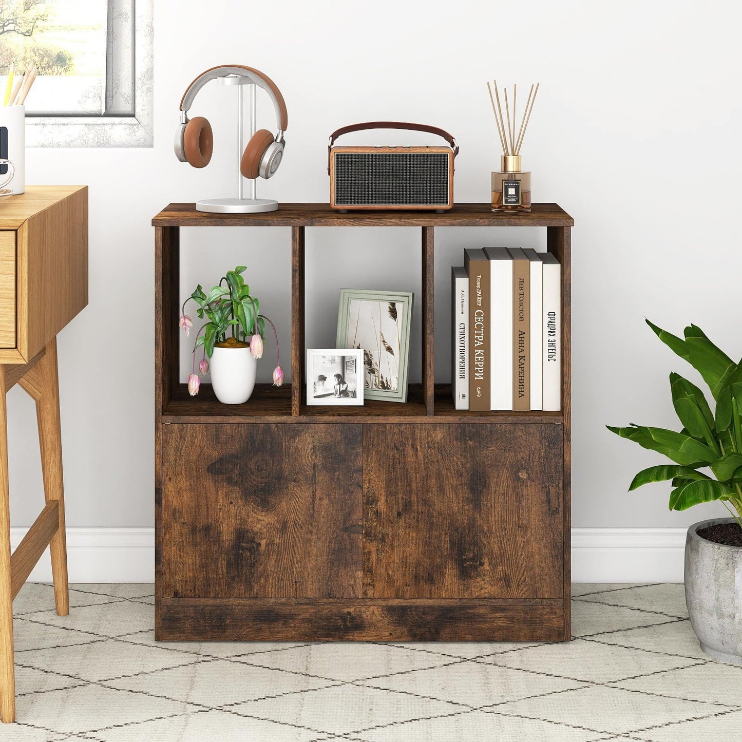 3-Cube Bookcase with Doors, Modern Bookshelf Open Storage Organizer Unit