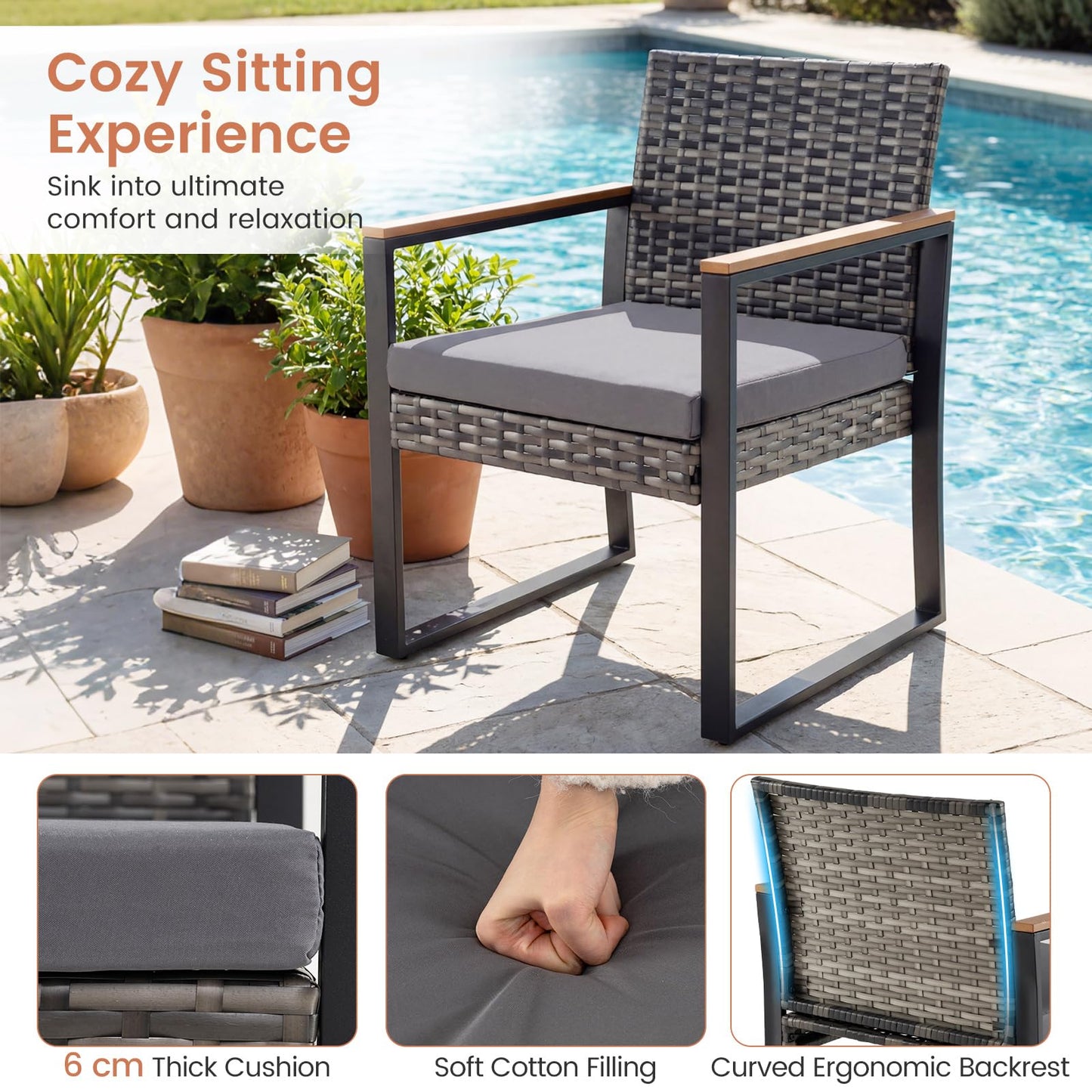 3 Pieces Patio Rattan Bistro Set, PE Wicker Garden Furniture Set with Soft Cushion and Side Table
