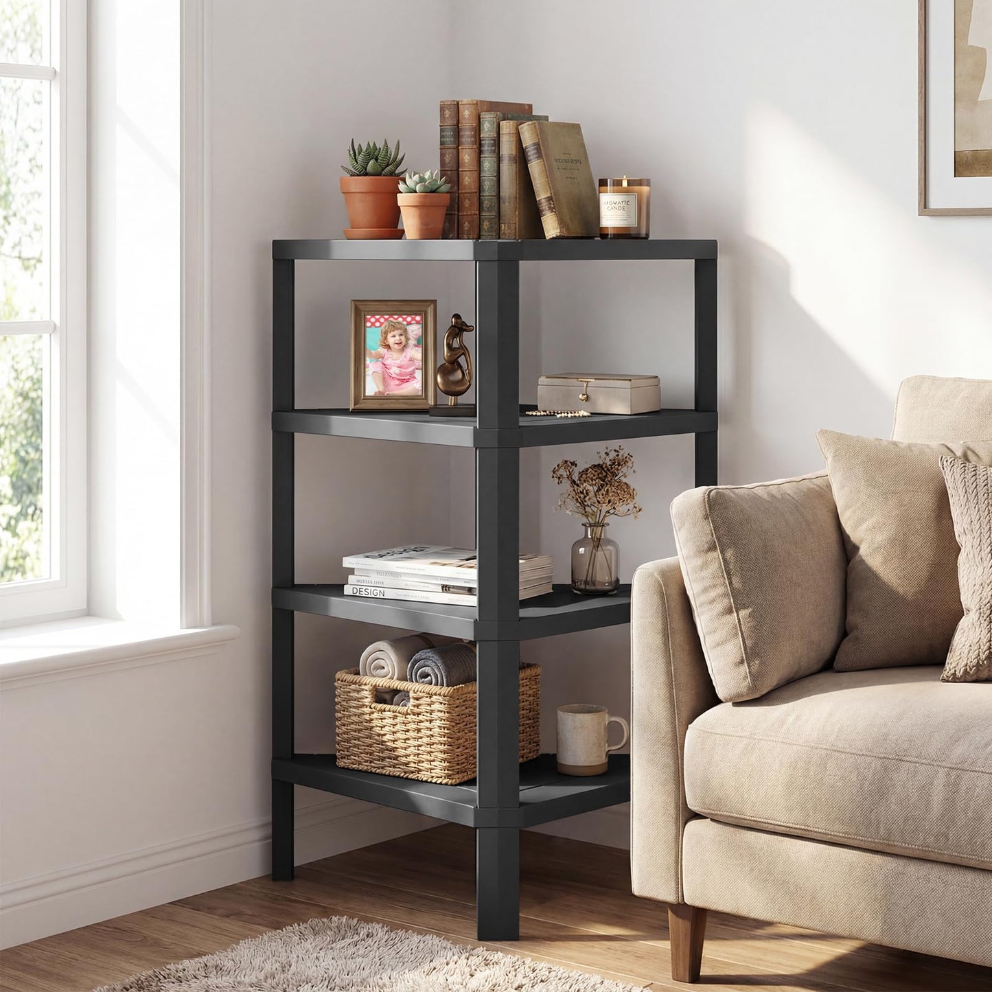 4-Tier Corner Shelf Stand with Open Slatted Shelves