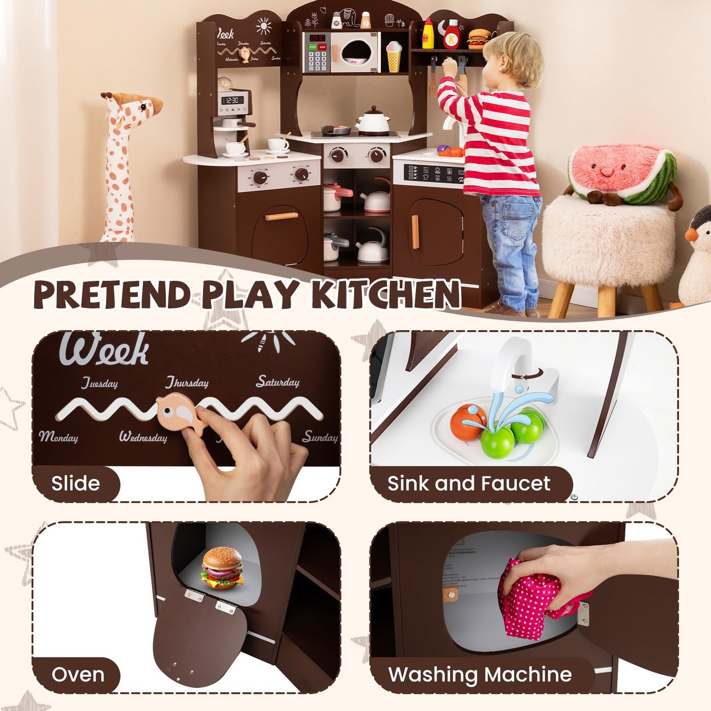 Kids Corner Wooden Play Kitchen with Coffee Machine Slide Microwave