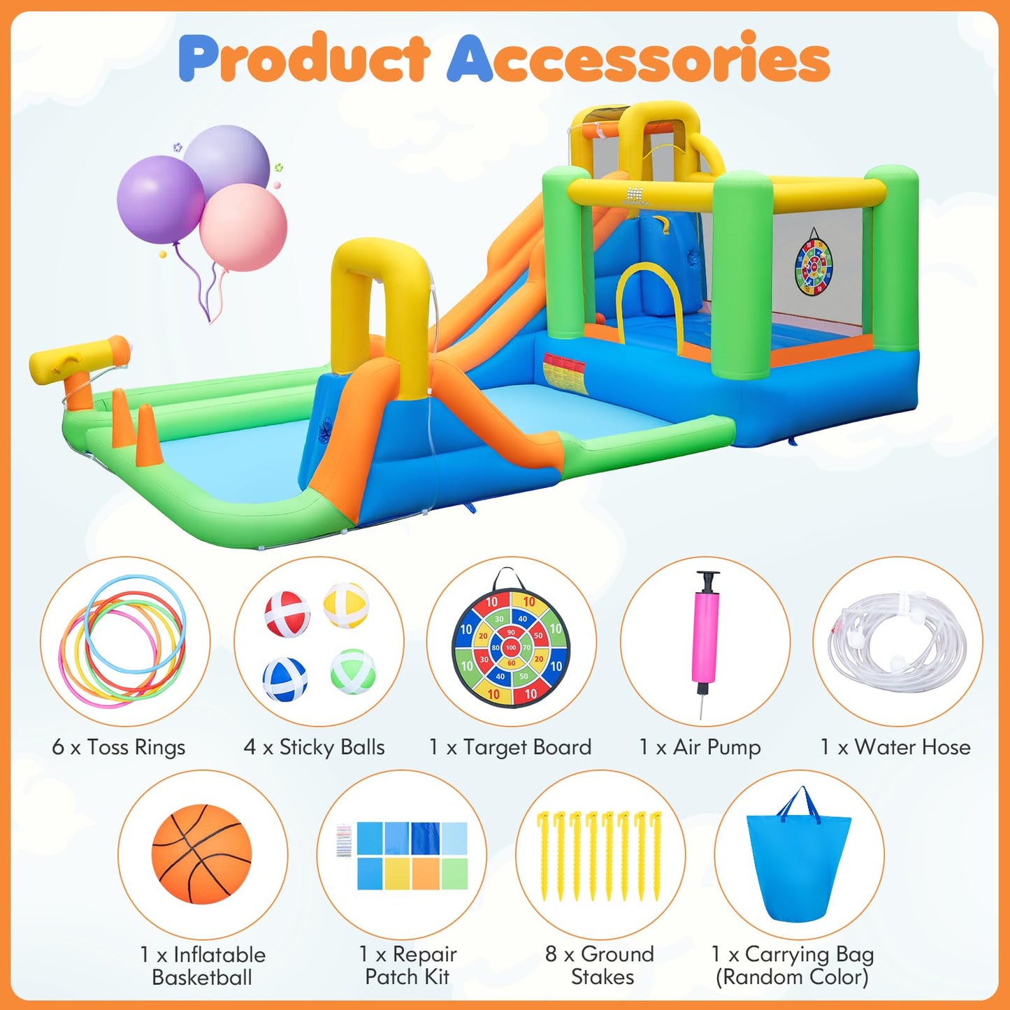 11-in-1 Inflatable Bounce House with Water Slides for Kids without Blower