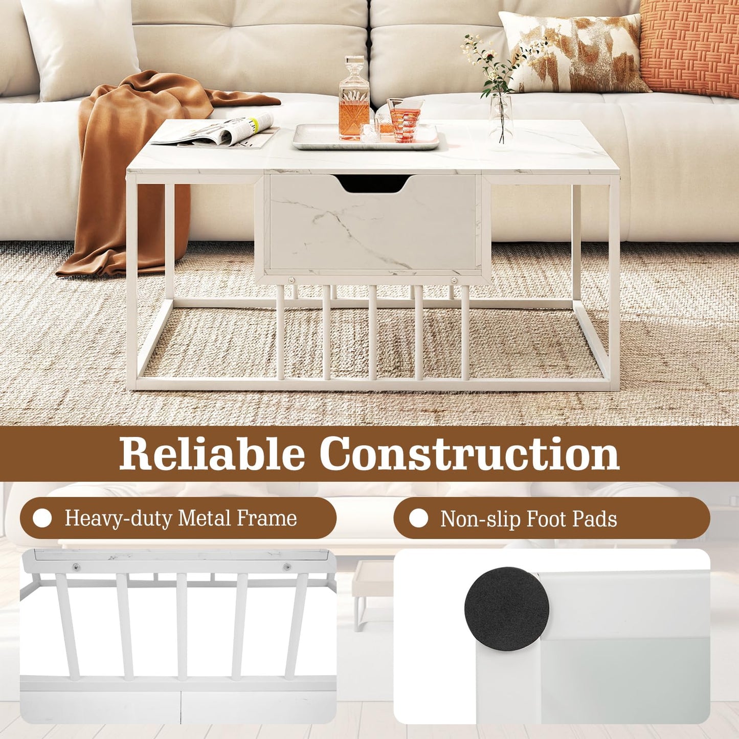 Lift Up Top Coffee Table, Marble Center Table with Hidden Storage