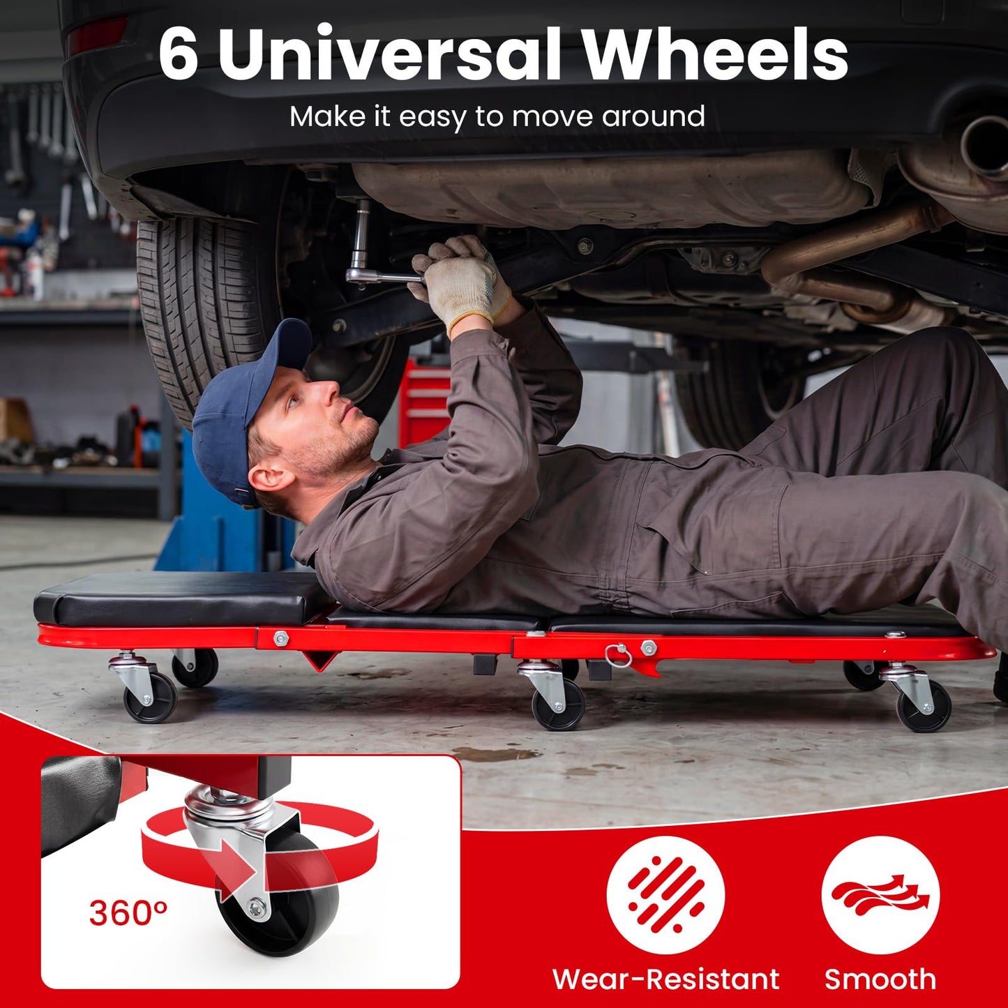 2-in-1 Rolling Folding Z Creeper Seat 36 Inch Roller Garage Chair with 6 Swivel Casters