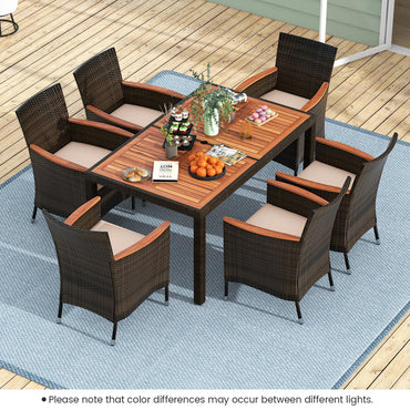 7 Pieces Patio Wicker Dining Set Acacia Wood Table and 6 Stackable Chairs