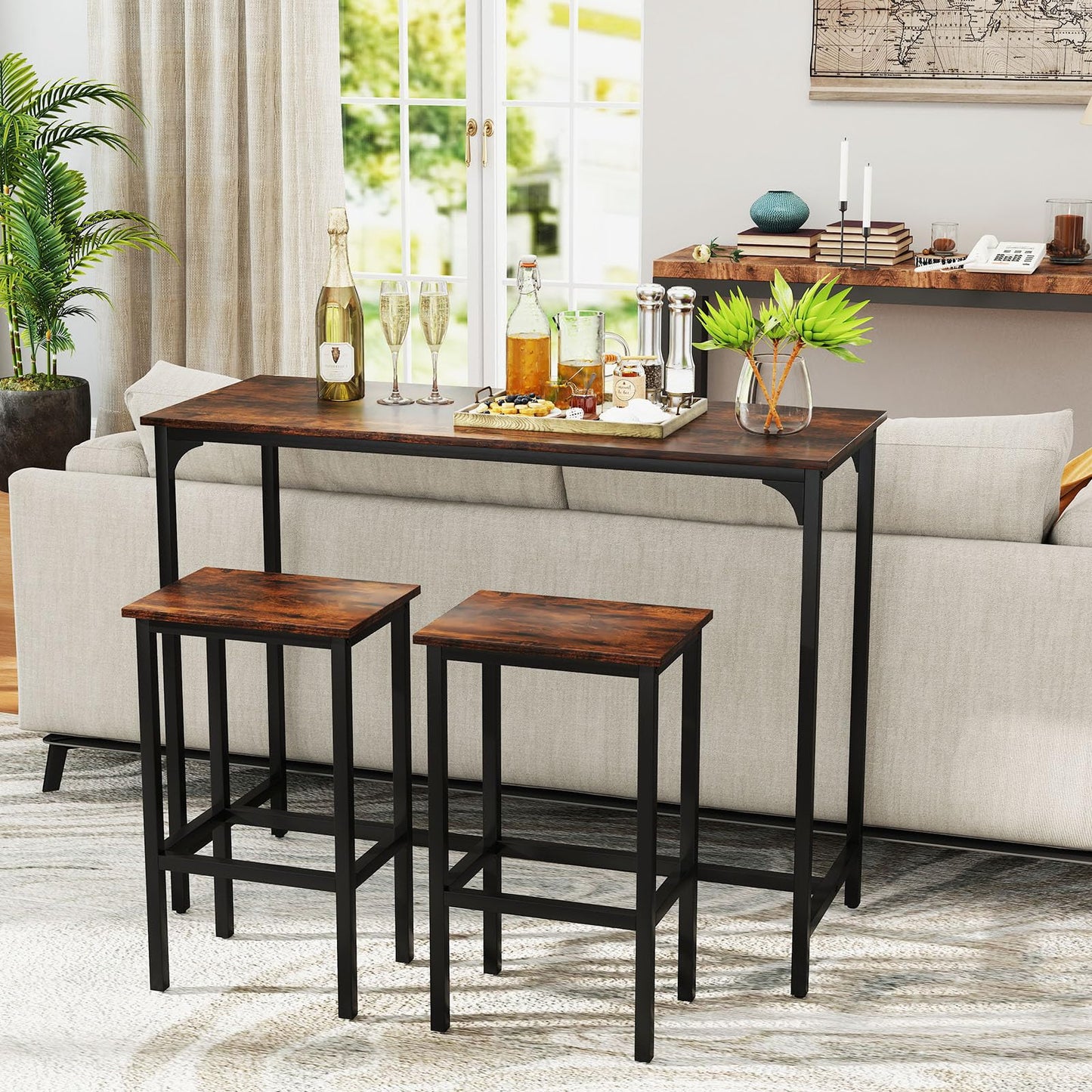 3 Piece Dining Table Set with High Top Rectangular Pub Table and Chairs