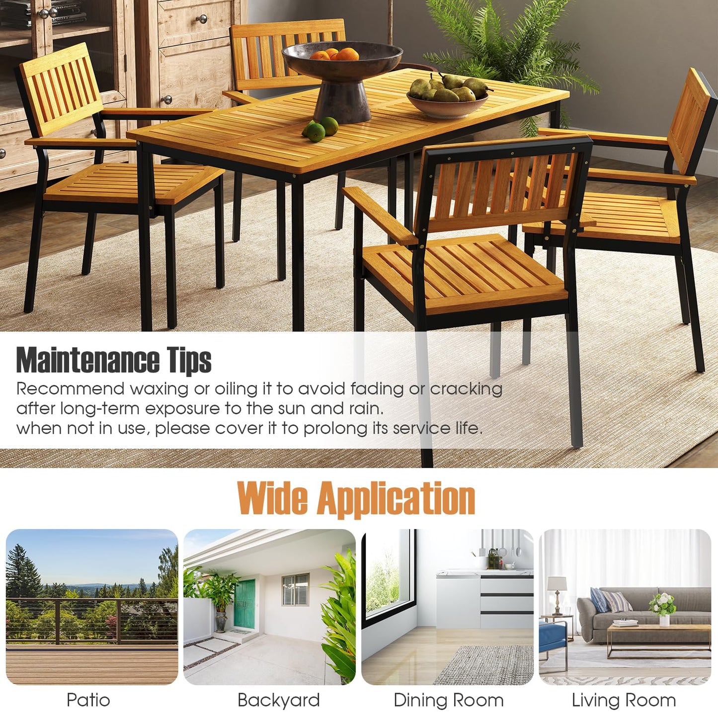 140 x 70cm Acacia Wood Dining Table for 6 People with Slatted Tabletop