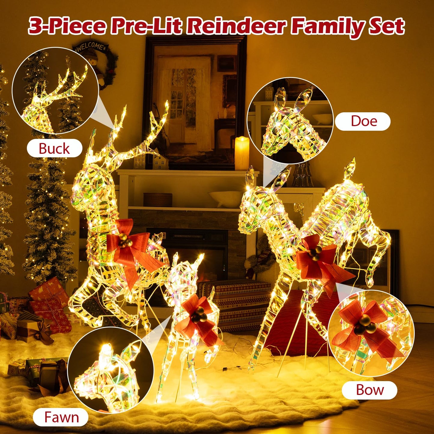 3-Piece Lighted Christmas Reindeer Family with LED Lights and Bows
