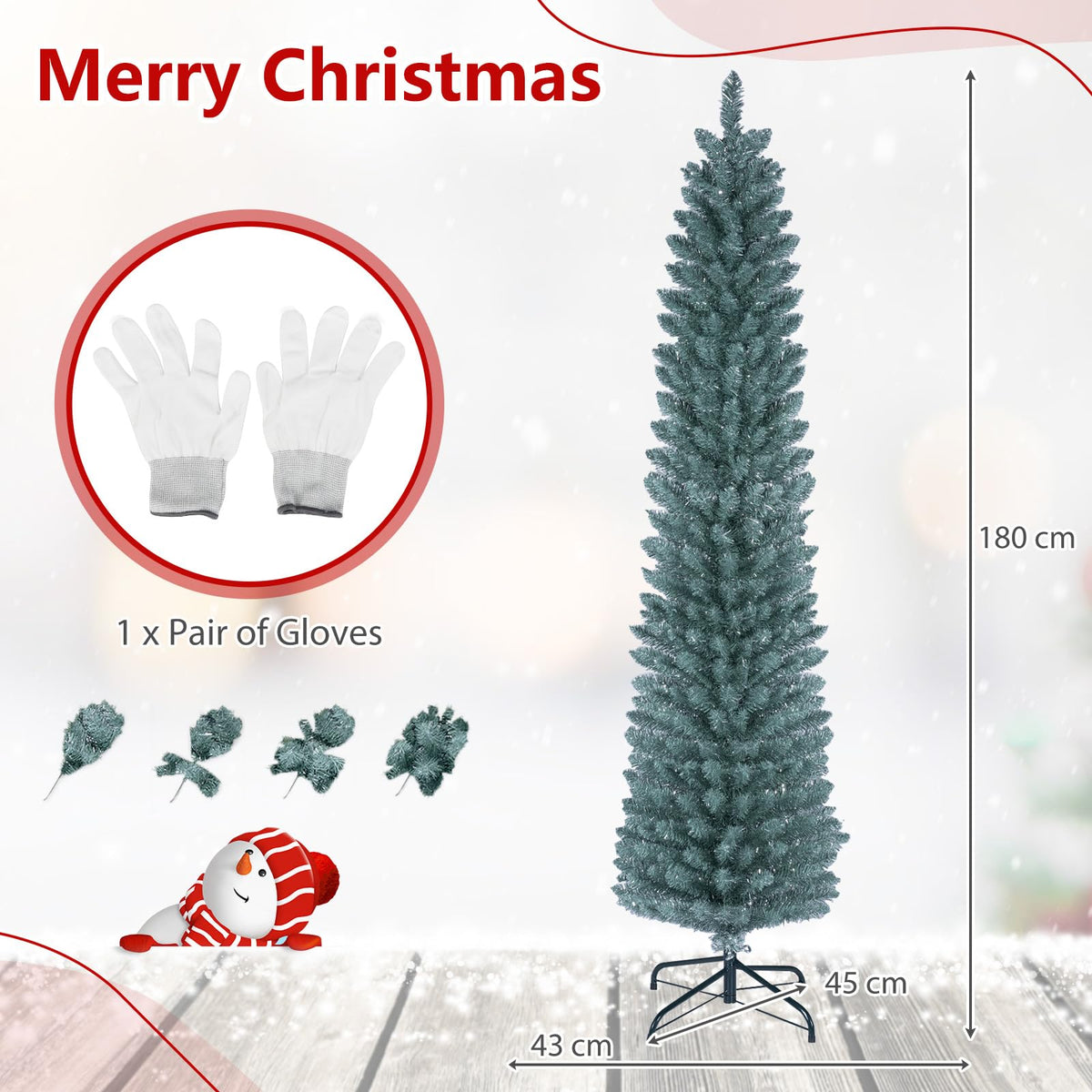 5FT/6FT/7FT Green Pencil Slim Christmas Tree, Traditional Artificial Pine Xmas Tree