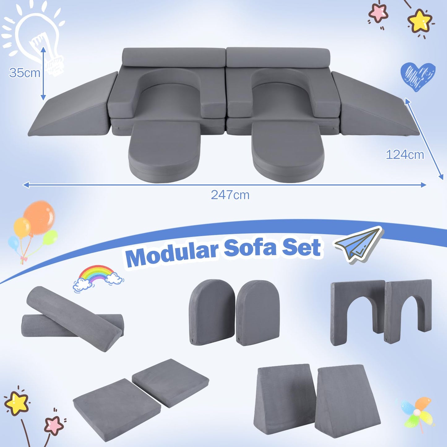 10 PCS Modular Kids Play Couch Toddler Climb and Crawl Foam Playset